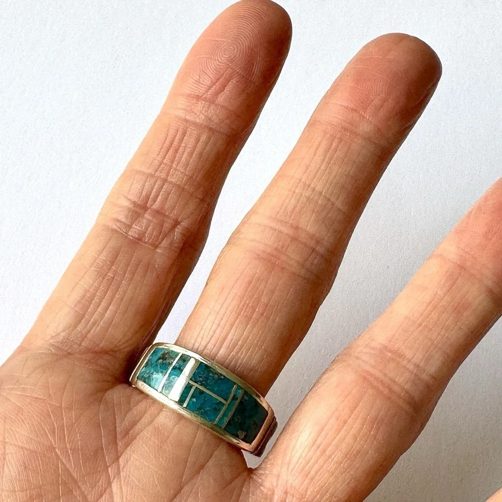 Mens Navajo Wedding Band 12 Ring Turquoise 9mm Inlay Signed Tolino Native Blue